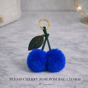 NEW Plush Cherry Pom Pom Bag Charm Keychain | Faux Fur | Royal Blue